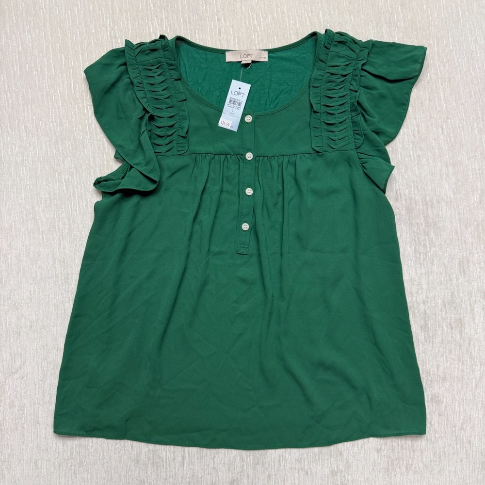 LOFT Blouse Top Womens LP Emerald Green Knit Flutter Sleeve Career Travel Casual